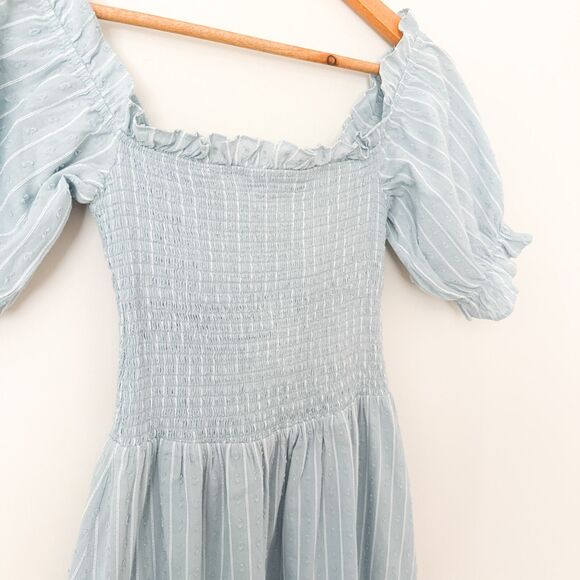 Reformation Arianna Stripe Off Shoulder Smocked Midi Dress S Baby Blue Romantic - Picture 5 of 9
